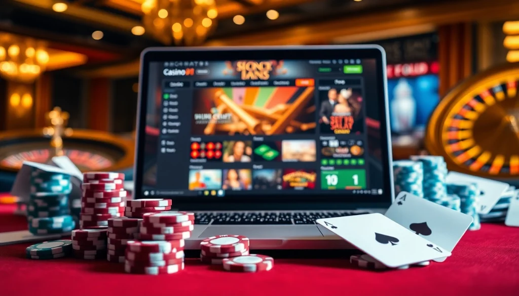 Une scène de jeu en ligne époustouflante avec casino en ligne argent réel, mettant en vedette des jetons de poker et une roue de roulette.