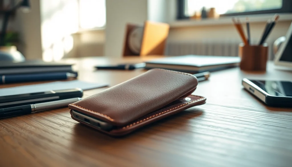 Hochwertige Handytasche Magnetverschluss auf einem eleganten Tisch, kombiniert mit modernen Büroaccessoires.