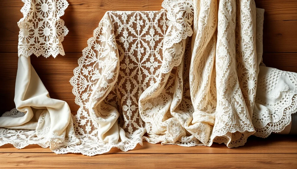 Lace fabrics for kant stof kopen displayed artistically on wood.