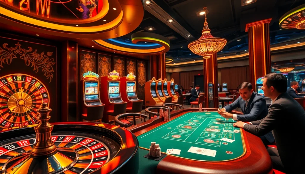 Découvrez un gameplay palpitant dans un casino en ligne argent réel luxueux avec roulette, cartes et jetons.