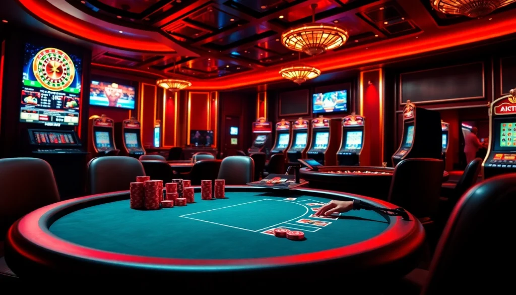 Environnement virtuel passionnant du casino en ligne argent réel avec des tables de poker et des roues de roulette.