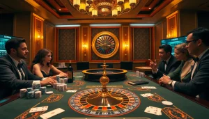 Vivez l'excitation du casino en ligne Français à une table de poker luxueuse avec des jetons et des cartes vibrants.