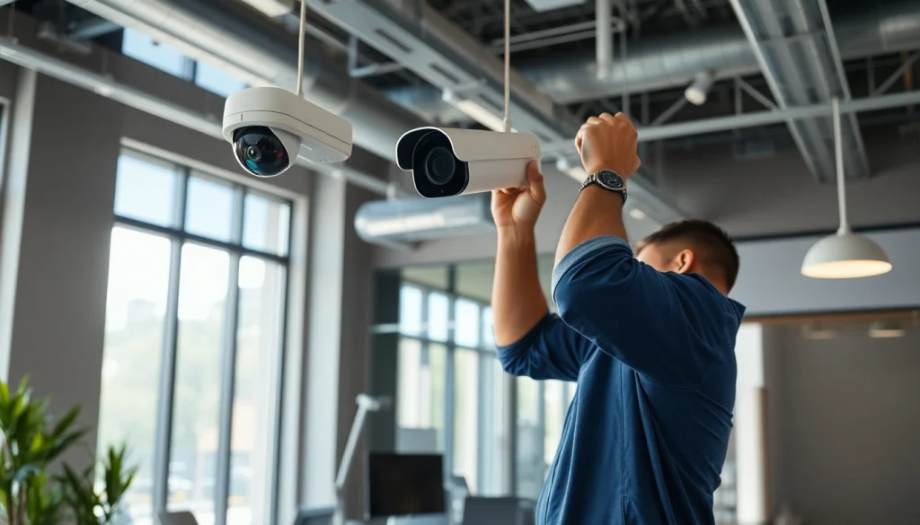 Instalación de Cámaras de Seguridad en Liberia con un técnico profesional en un entorno de oficina moderno.