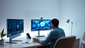 搭载快连VPN的多屏工作站，展示全球服务器连接与安全性。