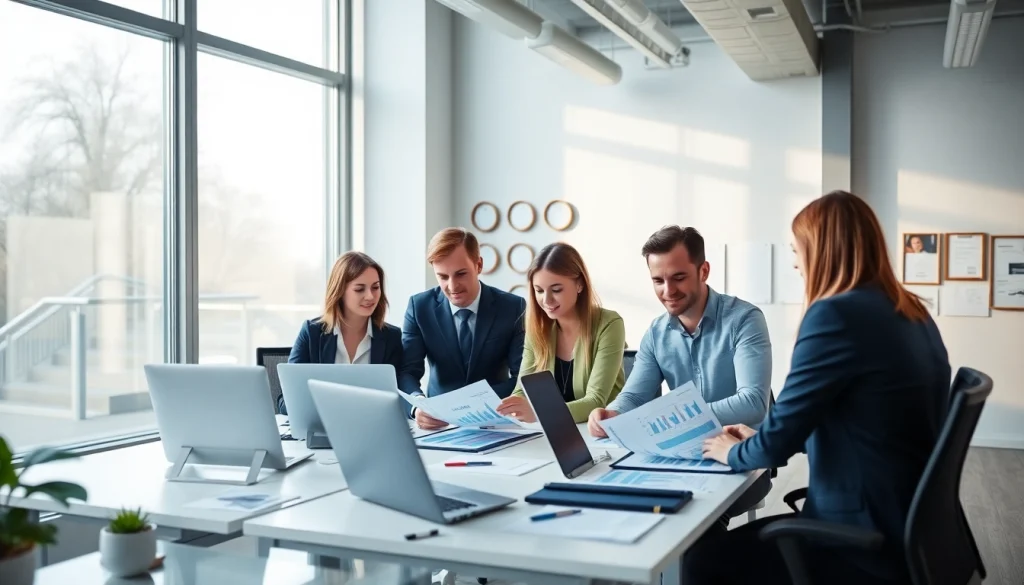 Profesjonalni księgowi współpracujący w nowoczesnym biurze w Poznaniu, prezentujący ekspertyzę w zakresie usług finansowych.