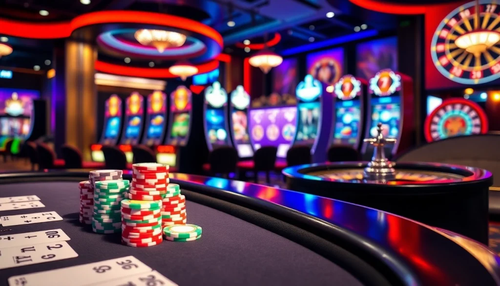 Vivez l'excitation avec le casino en ligne argent réel, mettant en avant une table de poker élégante et des machines à sous vibrantes.