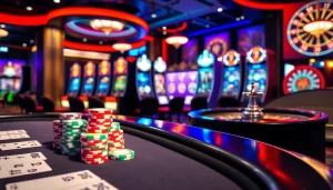 Vivez l'excitation avec le casino en ligne argent réel, mettant en avant une table de poker élégante et des machines à sous vibrantes.