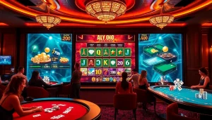 Joueurs engagés vivant l'excitation du casino en ligne argent réel sur une interface en ligne luxueuse.