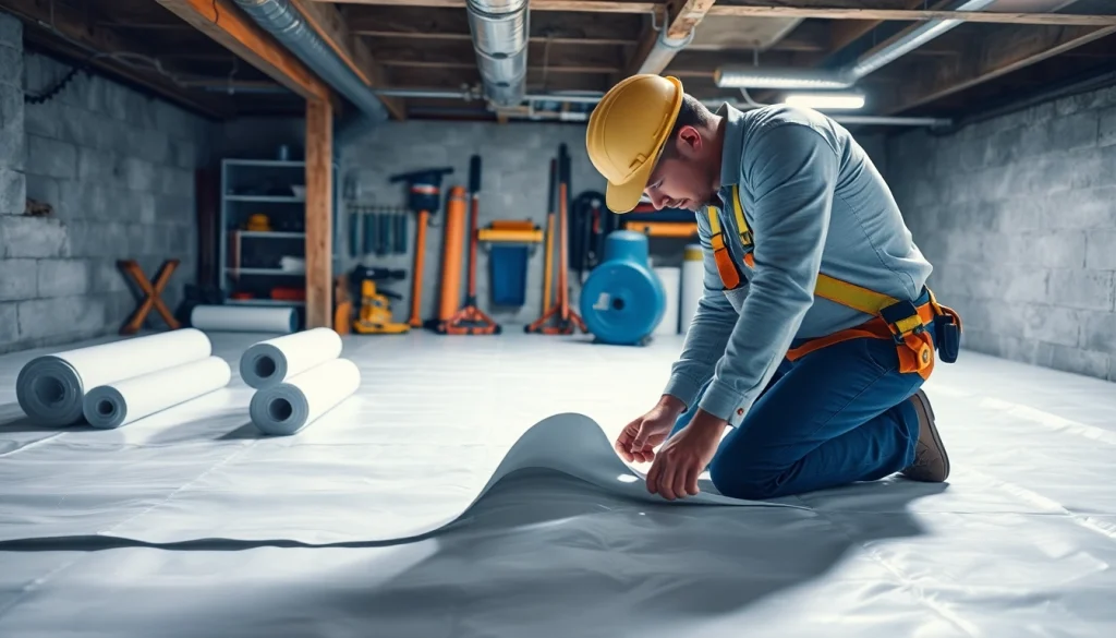 Installer performing vapor barrier installation in a clean crawlspace with focused attention.