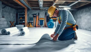 Installer performing vapor barrier installation in a clean crawlspace with focused attention.