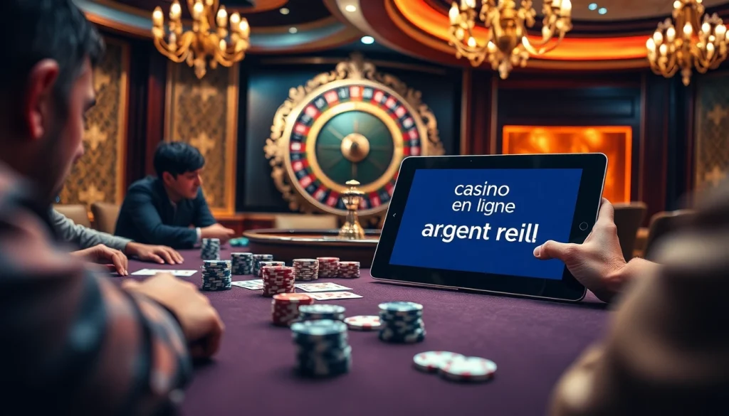 Vivez l'excitation de gagner au casino en ligne argent réel avec une scène de poker et de roulette vivante.