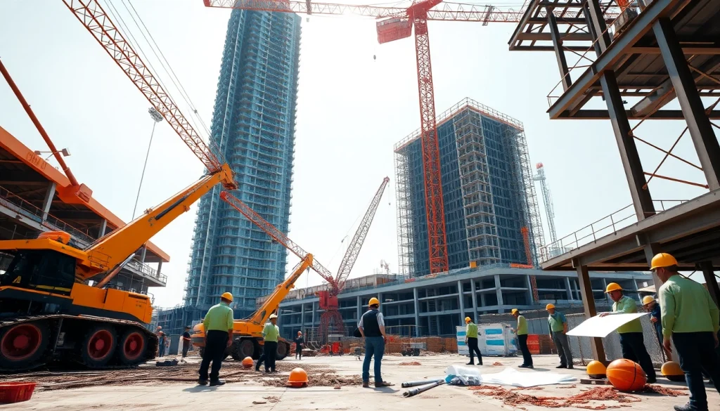 Construction professionals collaborating at a vibrant building site with cranes and a skyscraper.