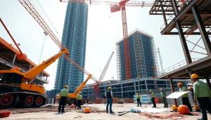 Construction professionals collaborating at a vibrant building site with cranes and a skyscraper.