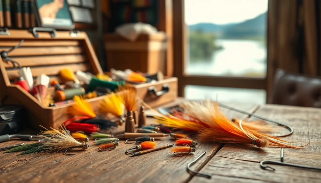 Crafting intricate fly tying patterns with colorful materials on a rustic table.