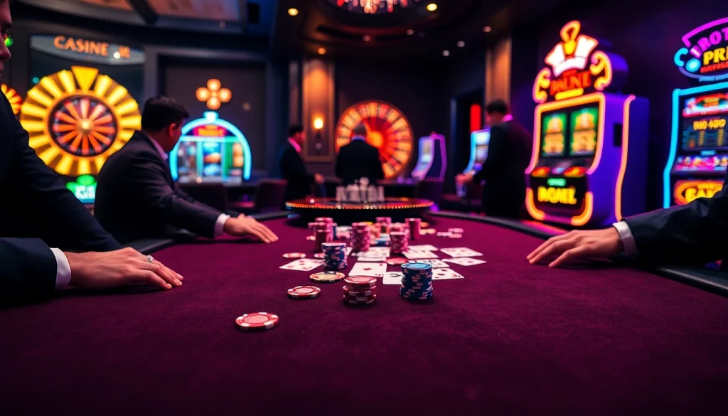 Ressentez l'excitation dans un luxueux casino en ligne argent réel avec des jetons de poker et des machines à sous vibrantes.
