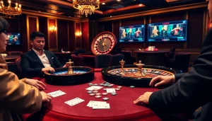 Un moment tendu à une table de poker dans un cadre luxueux, mettant en avant l'excitation du casino en ligne argent réel.