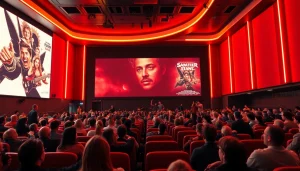 ดูหนัง ในโรงหนังสมัยใหม่ที่มีแสงนีออนและผู้ชมมีความสุข