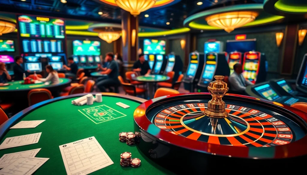 Experience the thrill of bandar mix parlay betting at a luxurious casino with vibrant games and betting slips.