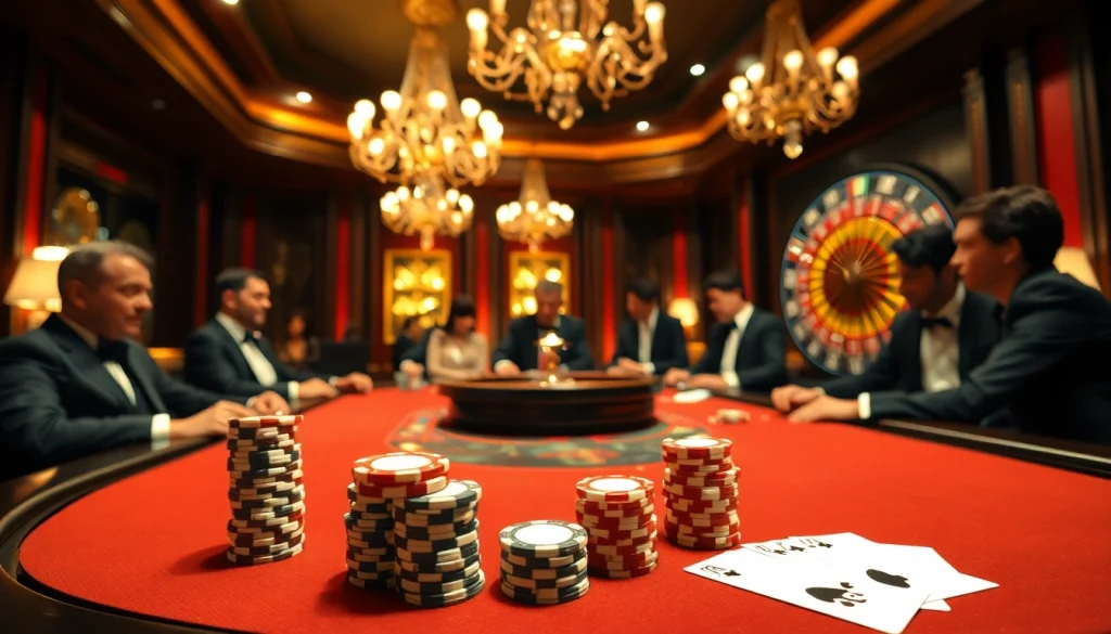 Vivez des jeux à enjeux élevés à une table luxueuse de casino en ligne argent réel, avec des jetons de poker et des cartes.