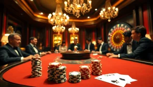 Vivez des jeux à enjeux élevés à une table luxueuse de casino en ligne argent réel, avec des jetons de poker et des cartes.