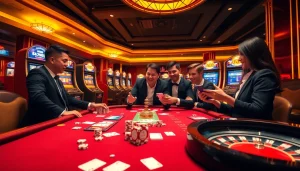 Players engaging with U888 gambling games at a vibrant casino table filled with cards and chips.