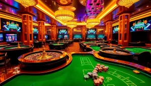 Découvrez l'excitation du casino en ligne argent réel avec des tables de jeu vibrantes, des accents néon et des joueurs engagés.